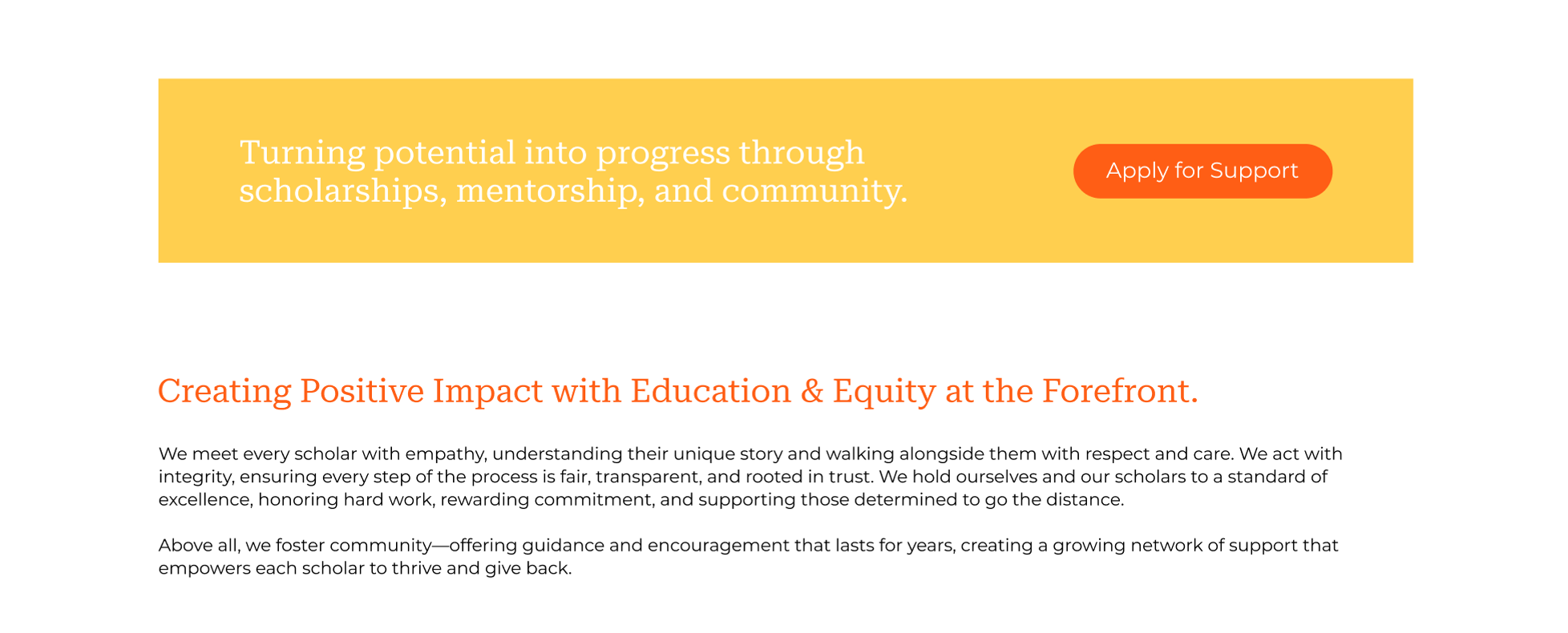 About Us support callout and positive impact section.