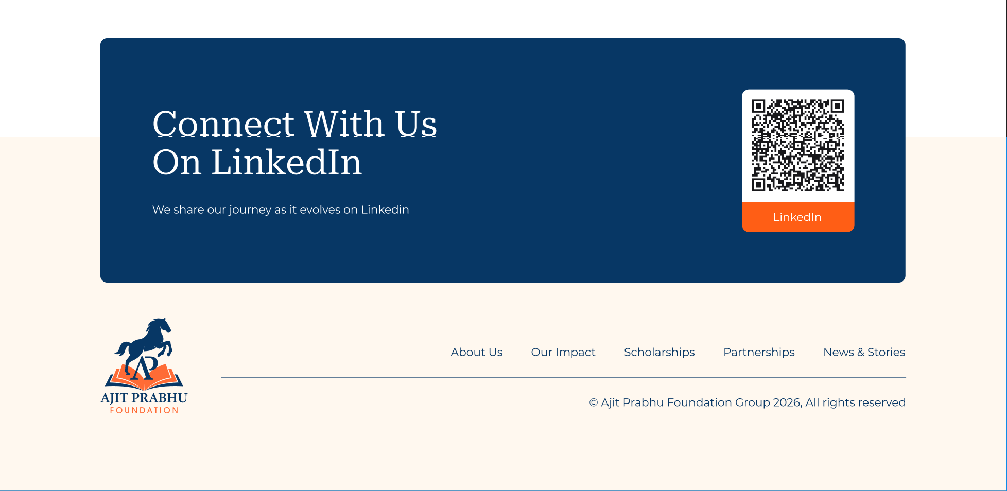 LinkedIn card and Ajit Prabhu Foundation footer.
