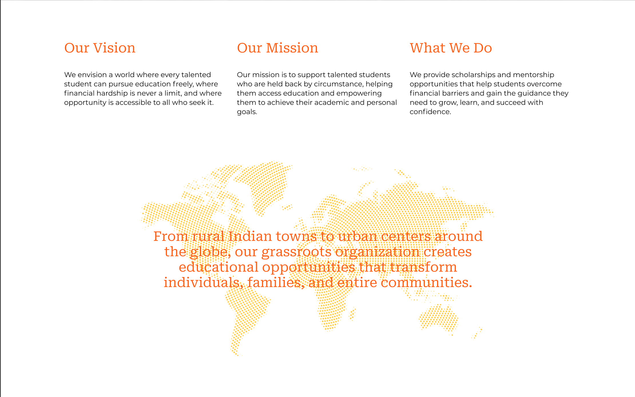 Vision, mission, what we do, and global education opportunity message.