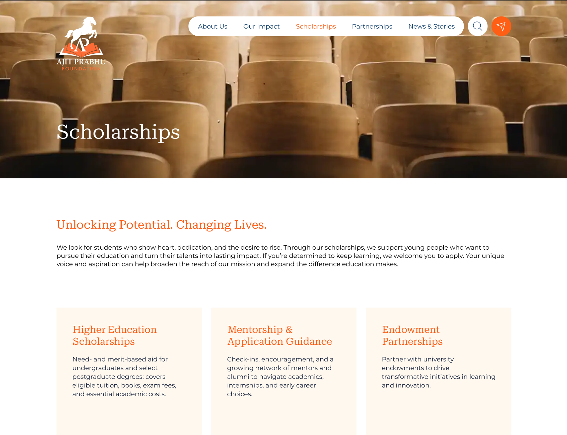 Ajit Prabhu Foundation Scholarships hero, introduction, and scholarship program cards.